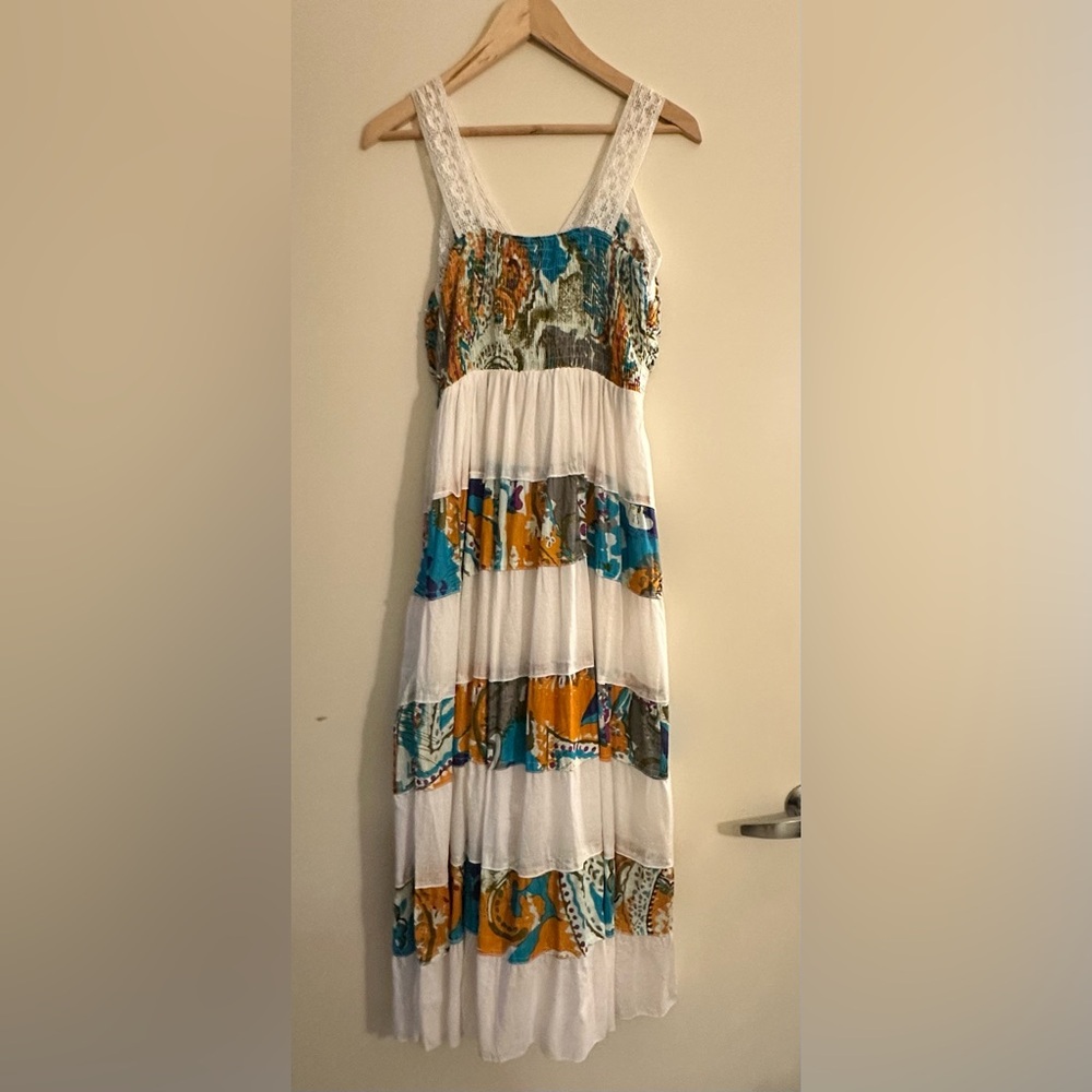 California Breeze Boho Tiered Cotton Dress in White/Multicolor Print. Size S - Picture 3 of 12